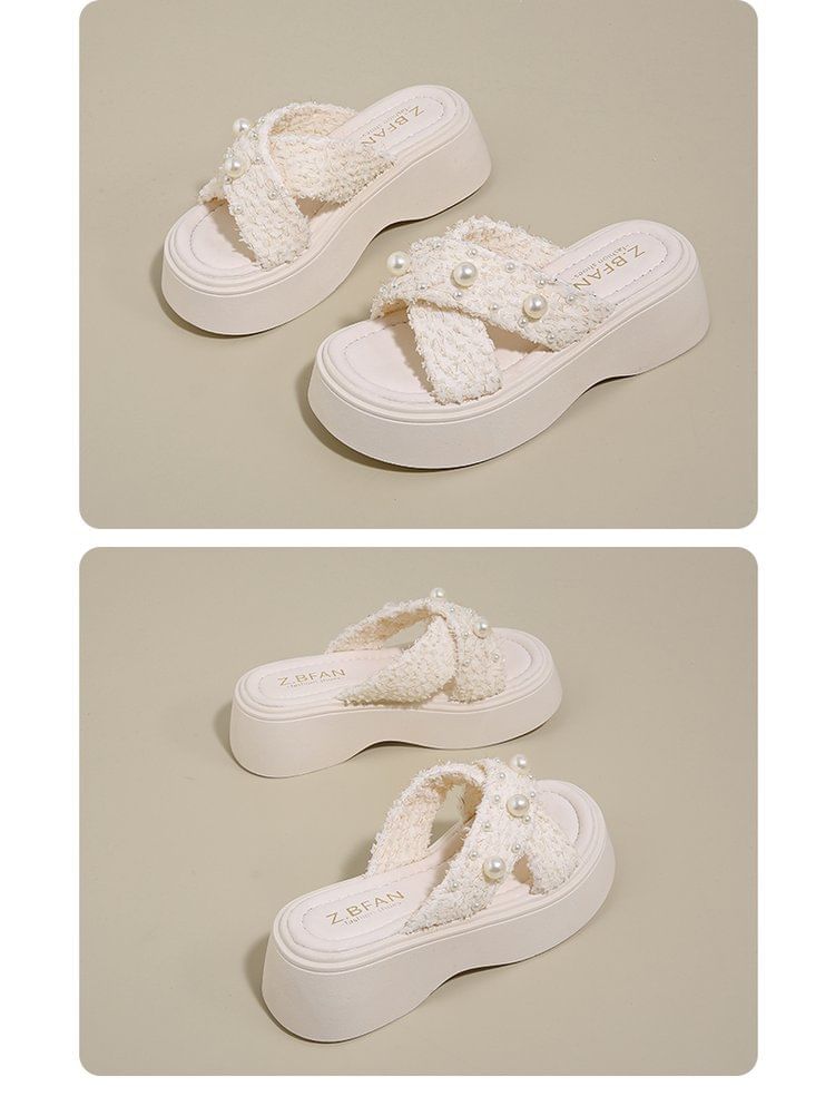 Faux Sandals Cross Pearl Criss Platform Slide