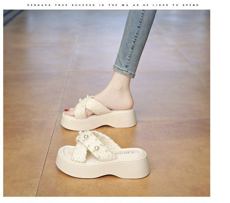 Faux Sandals Cross Pearl Criss Platform Slide