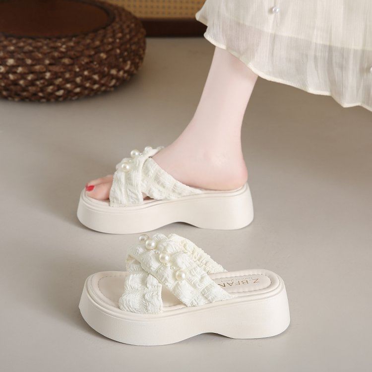 Cross Pearl Faux Slide Platform Criss Sandals