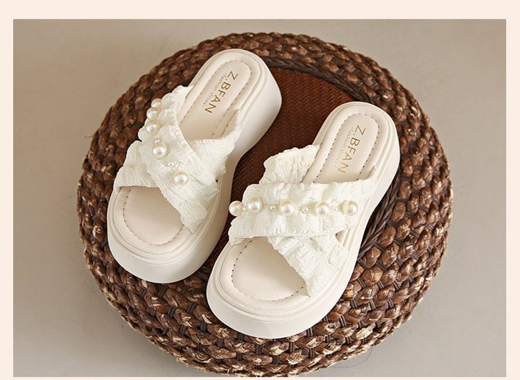 Cross Pearl Faux Slide Platform Criss Sandals