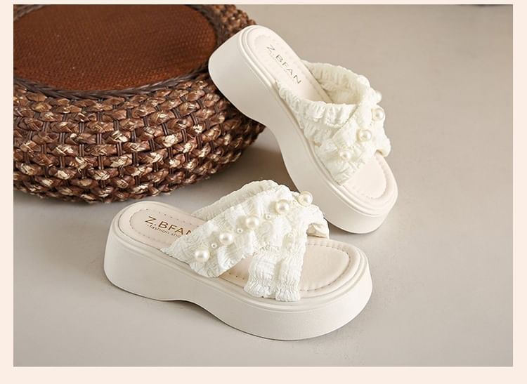 Cross Pearl Faux Slide Platform Criss Sandals