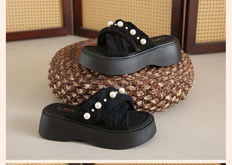 Cross Pearl Faux Slide Platform Criss Sandals