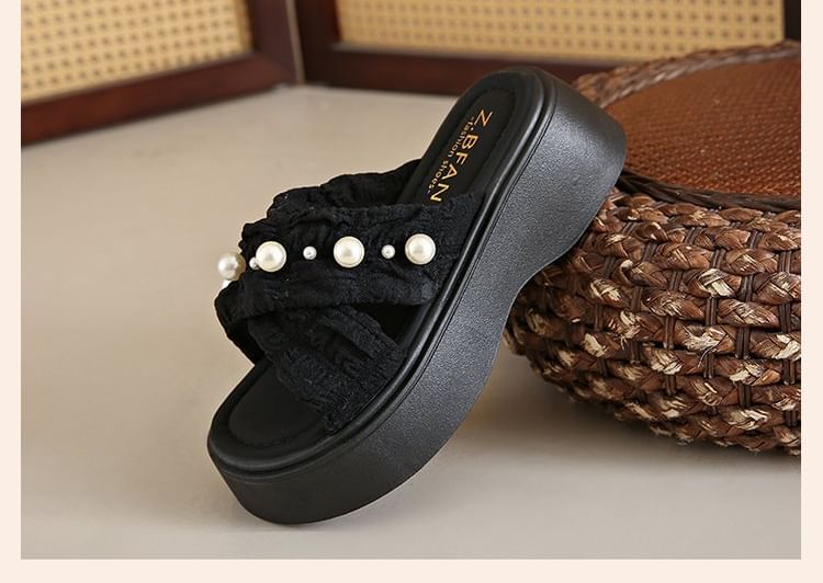 Cross Pearl Faux Slide Platform Criss Sandals