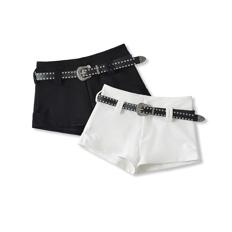 High Waist Plain Studded Belted Denim Shorts