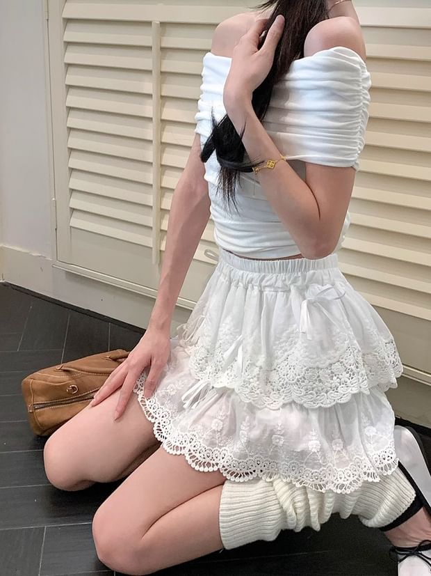 Lace-Trimmed Tiered Mini Skirt with High Waist