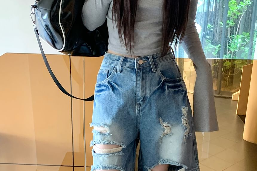 High Waist Washed Distressed Denim Shorts