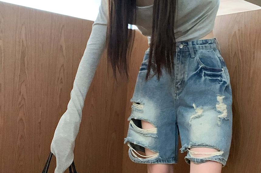High Waist Washed Distressed Denim Shorts