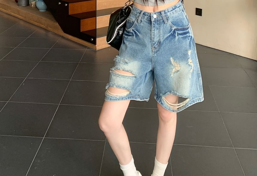 High Waist Washed Distressed Denim Shorts