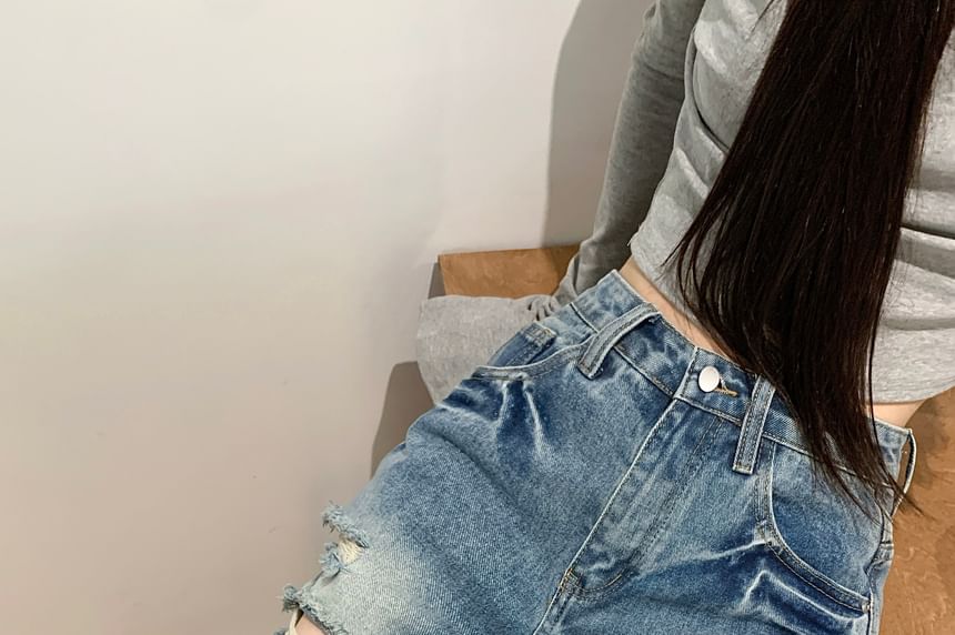 High Waist Washed Distressed Denim Shorts