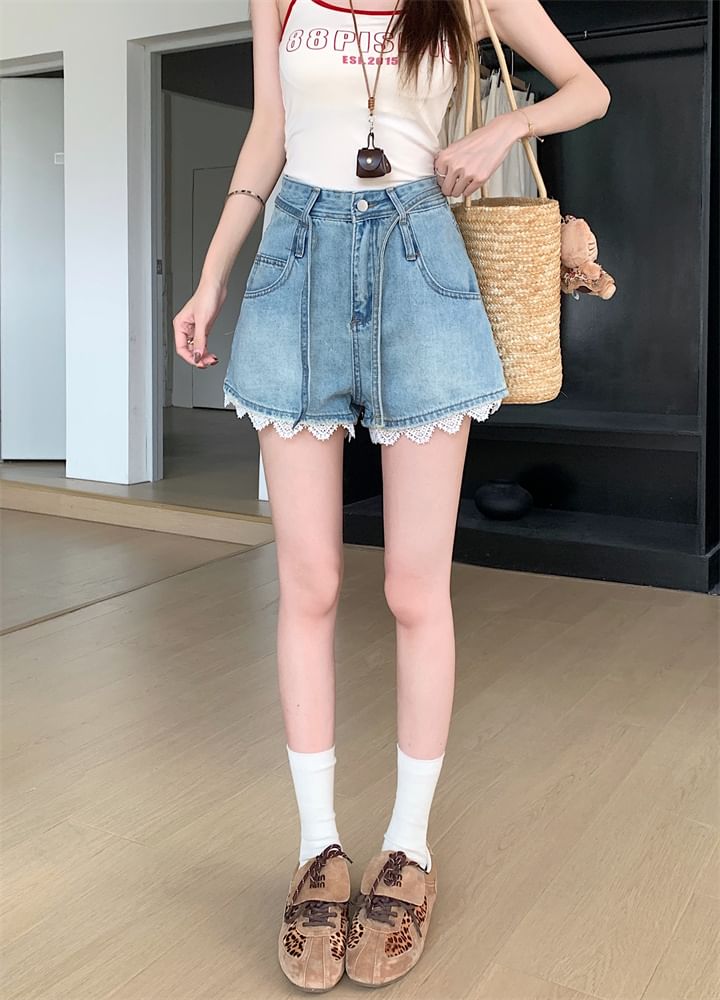High Waist Lace Trim Washed Denim Wide Leg Shorts