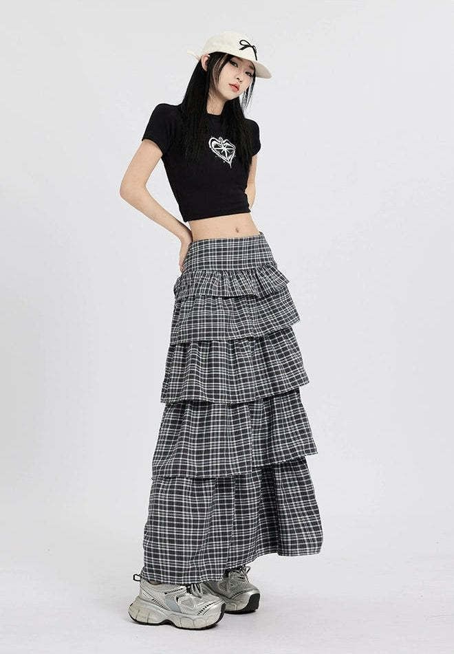Plaid A-Line Maxi Skirt with Low Rise and Tiered Layers