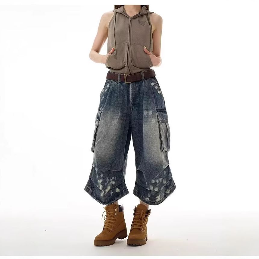 Mid Waist Dotted Washed Pocket Detail Jorts