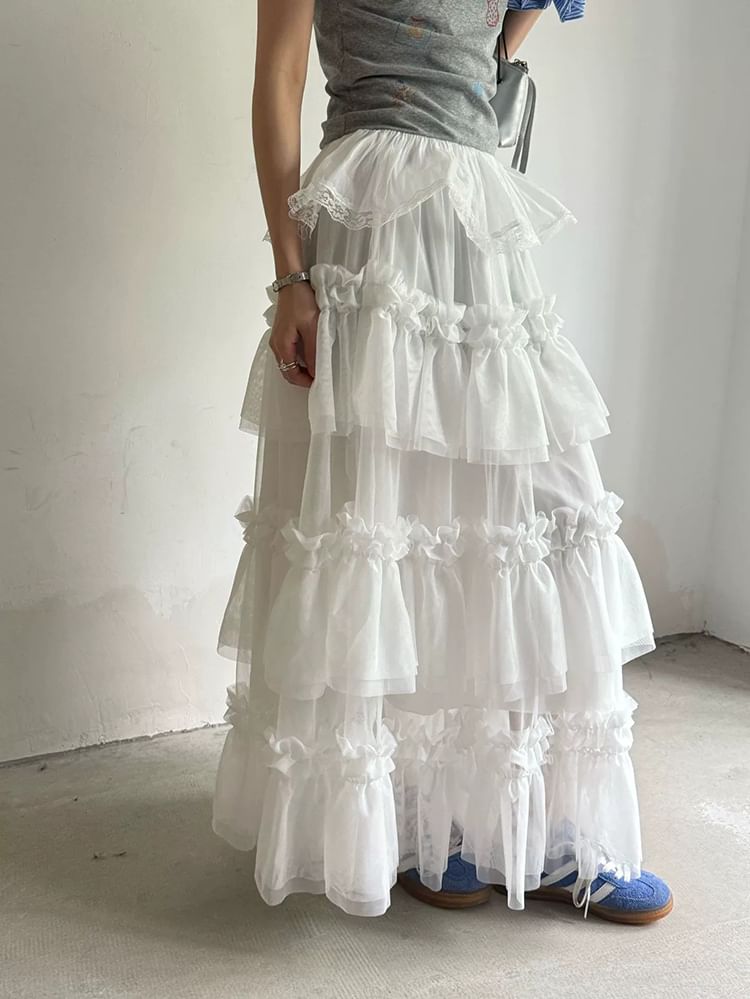 Ruffle Hem Maxi A-Line Skirt with Elastic Waist