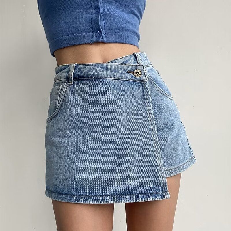 High Waist Asymmetrical Washed Denim Mini A-Line Wrap Skort