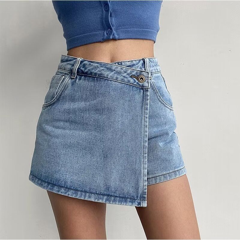 High Waist Asymmetrical Washed Denim Mini A-Line Wrap Skort