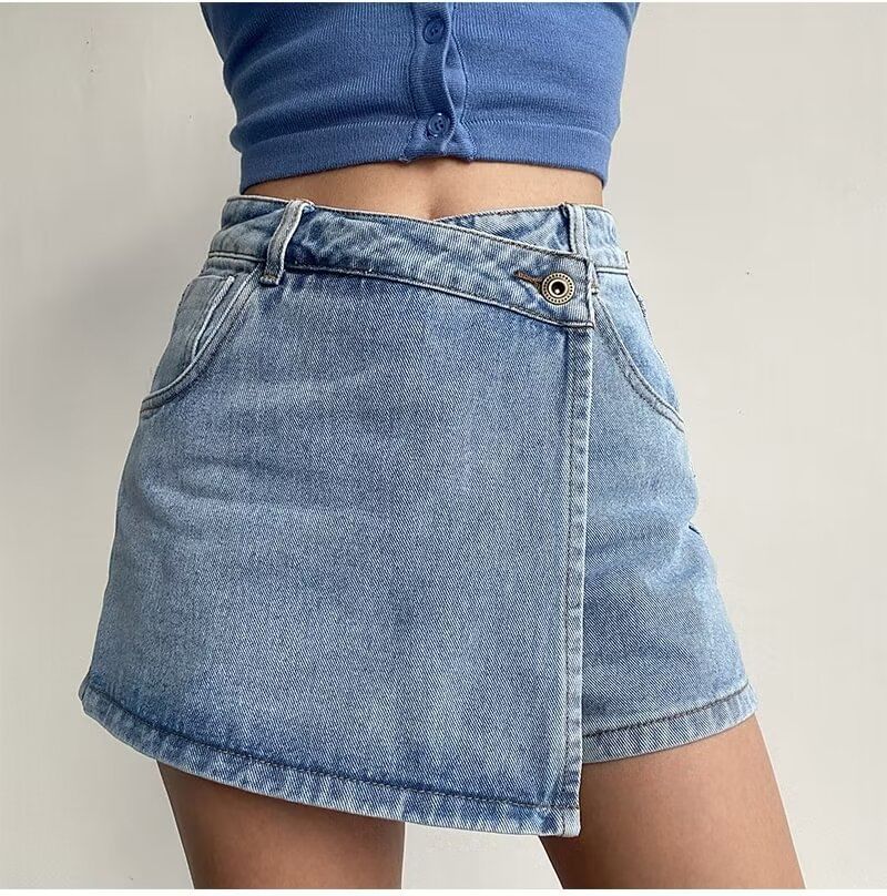 High Waist Asymmetrical Washed Denim Mini A-Line Wrap Skort