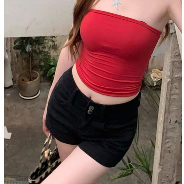 High Waist Plain Denim Hot Pants