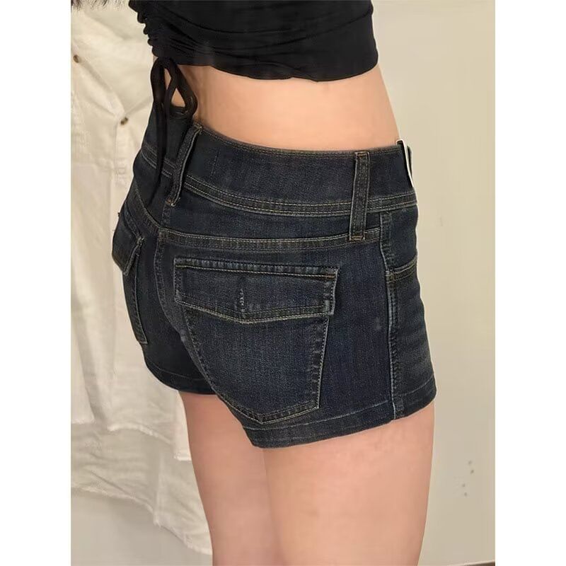 Low Rise Washed Denim Hot Pants