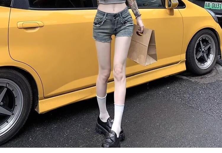 Low Rise Studded Washed Frayed Denim Hot Pants