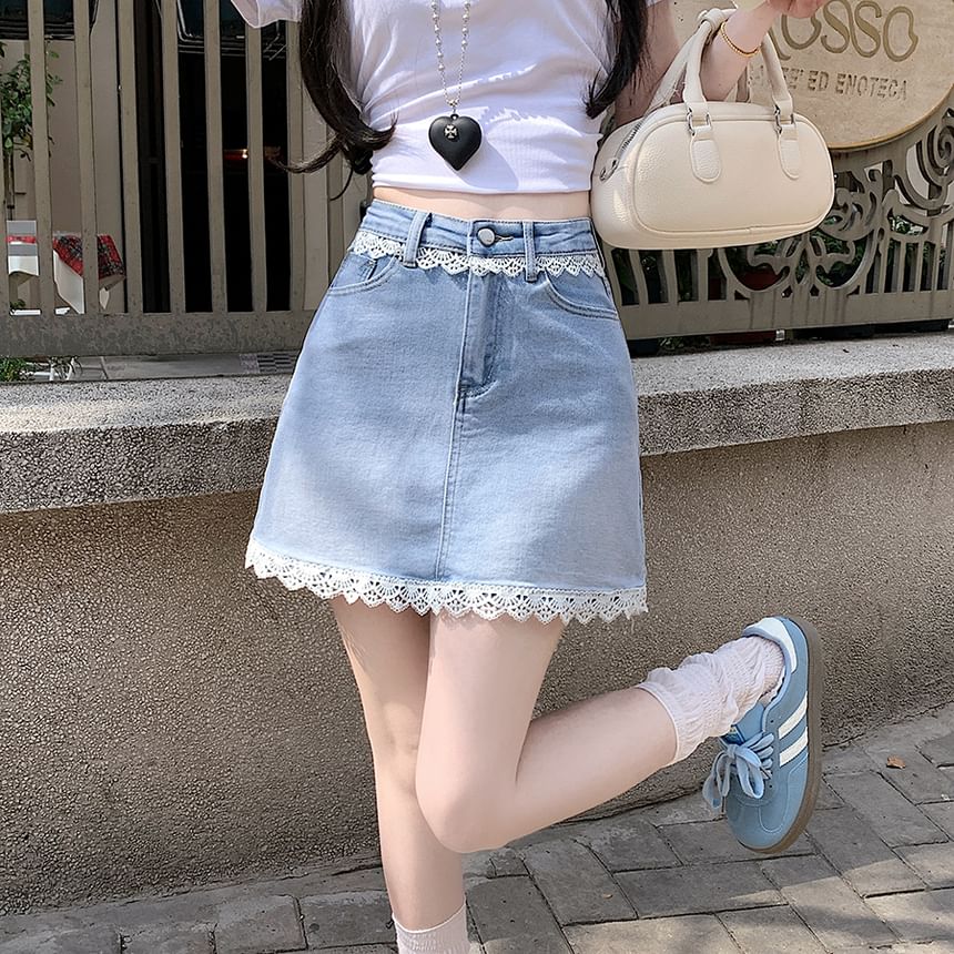 Lace-Trimmed Denim Flared Mini Skirt