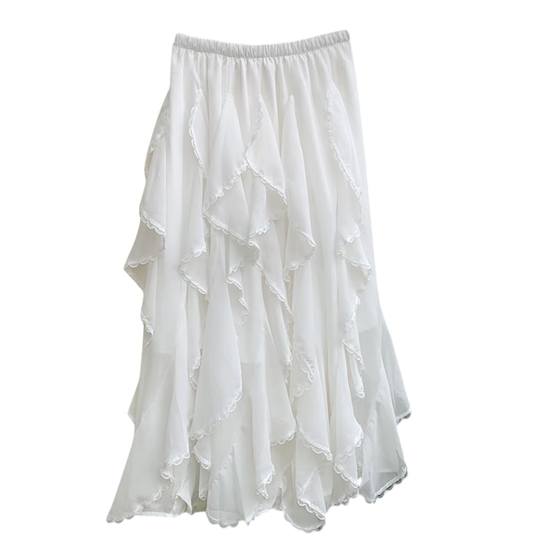 Lace-Embellished Ruffle Maxi Flared Skirt