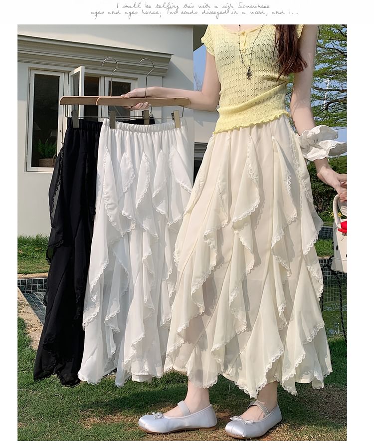Lace-Embellished Ruffle Maxi Flared Skirt