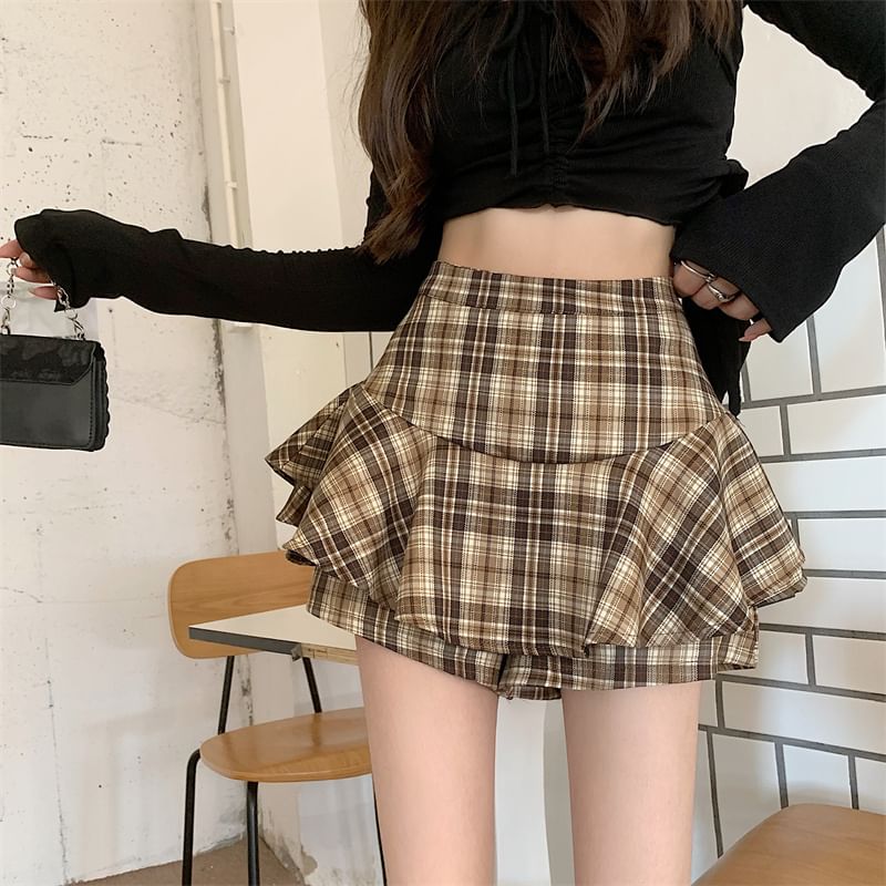 Plaid Ruffle Mini Skirt with High Waist