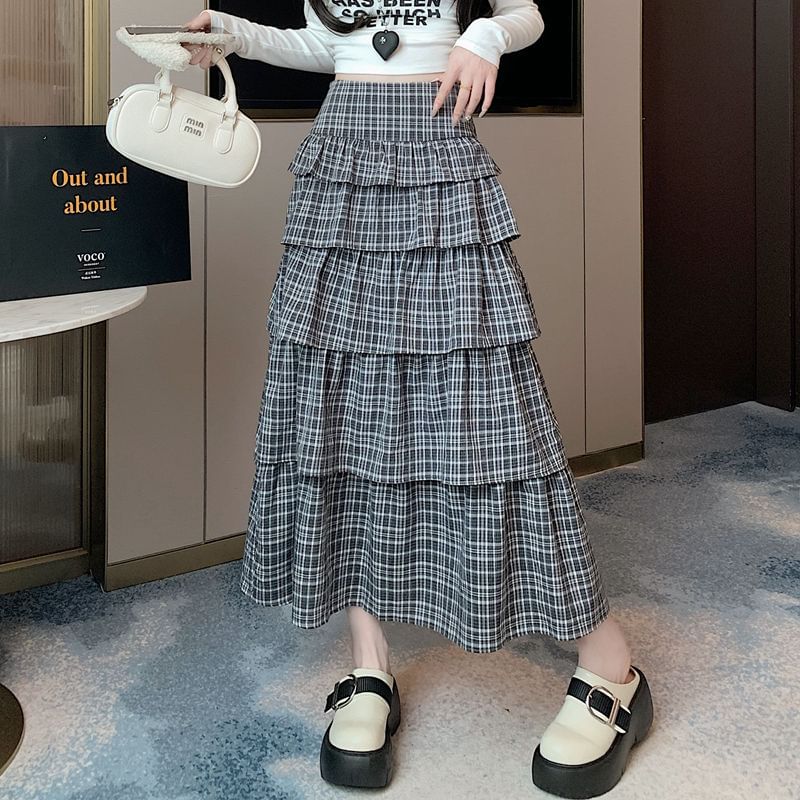 Plaid Tiered Maxi Skirt with High Waist