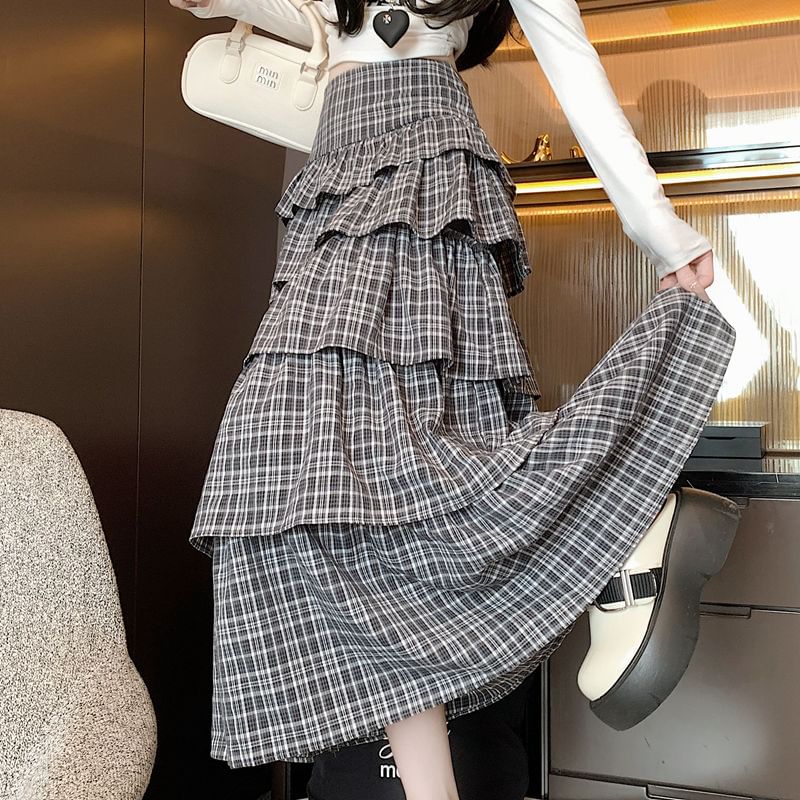 Plaid Tiered Maxi Skirt with High Waist