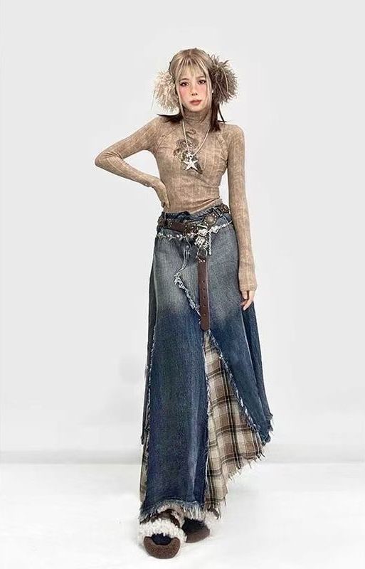 Washed Plaid Denim Maxi Skirt with Fray Slit