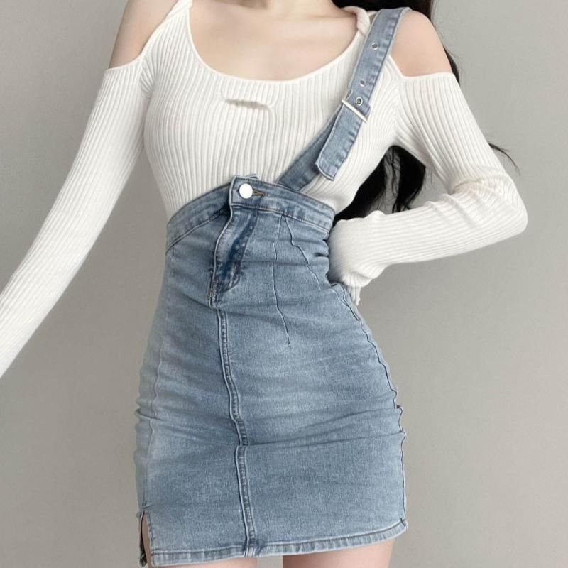 Ribbed Knit Top with One-Shoulder Denim Suspender Skirt