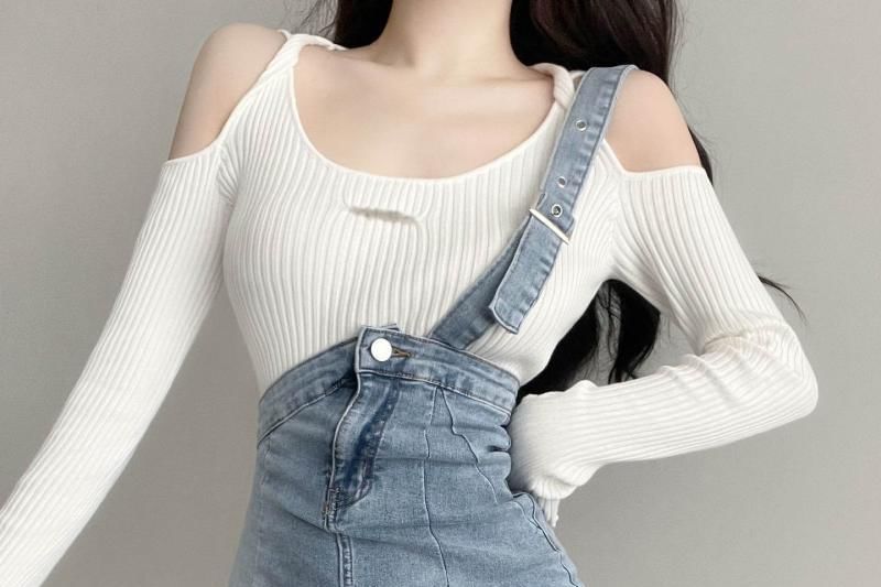 Ribbed Knit Top with One-Shoulder Denim Suspender Skirt
