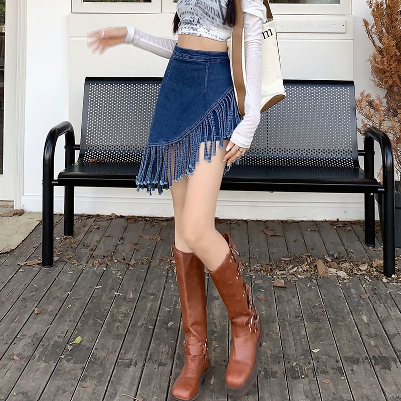 High Waist Washed Fringe Asymmetrical Mini A-Line Denim Skort