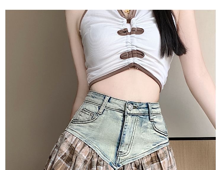 Plaid Panel Mini Denim Skirt with Washed Finish