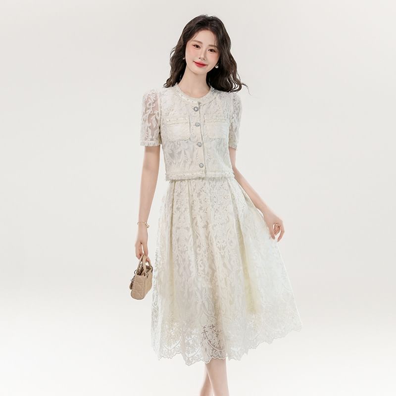 Lace-Trimmed Button Top with Midi Flared Skirt