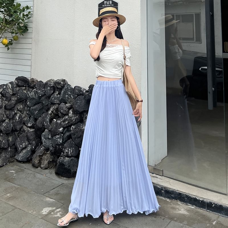 Elasticized Pleated Maxi Flared Skirt