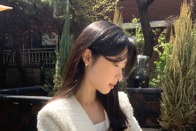 Short-Sleeve V-Neck Fringed Button-Up Plain Tweed Jacket