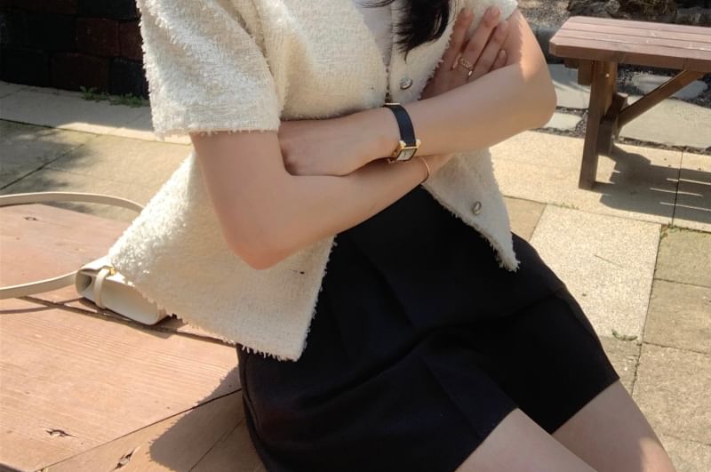 Short-Sleeve V-Neck Fringed Button-Up Plain Tweed Jacket