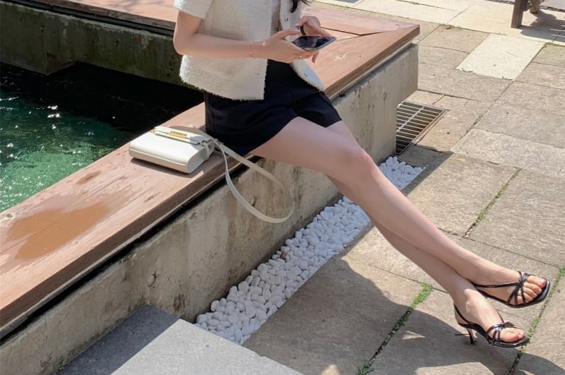 Short-Sleeve V-Neck Fringed Button-Up Plain Tweed Jacket