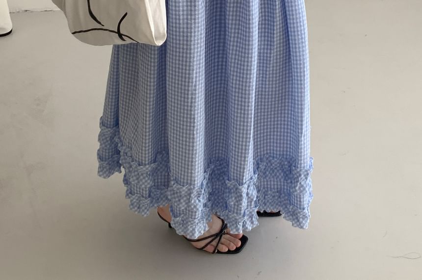 Gingham Ruffle Trim Tiered Midi Skirt with Elastic Waist