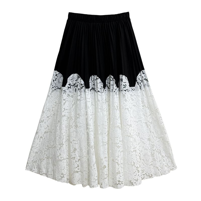 Pleated Maxi A-Line Skirt with Lace Panel and High Waist