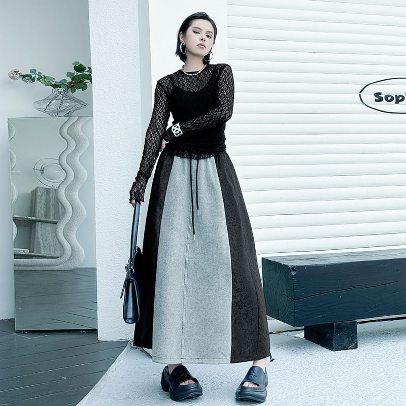 Washed Denim Maxi Skirt with Lace Panel and Drawstring