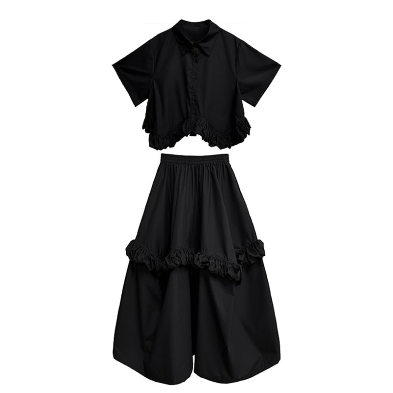 Collared Crop Blouse with Ruffle Hem and High-Rise Midi Skirt