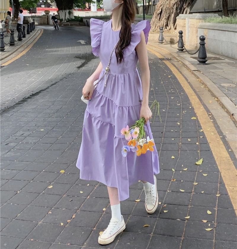 Round Trim Ruffle Plain A-Line Neck Midi Dress Tiered Cap-Sleeve