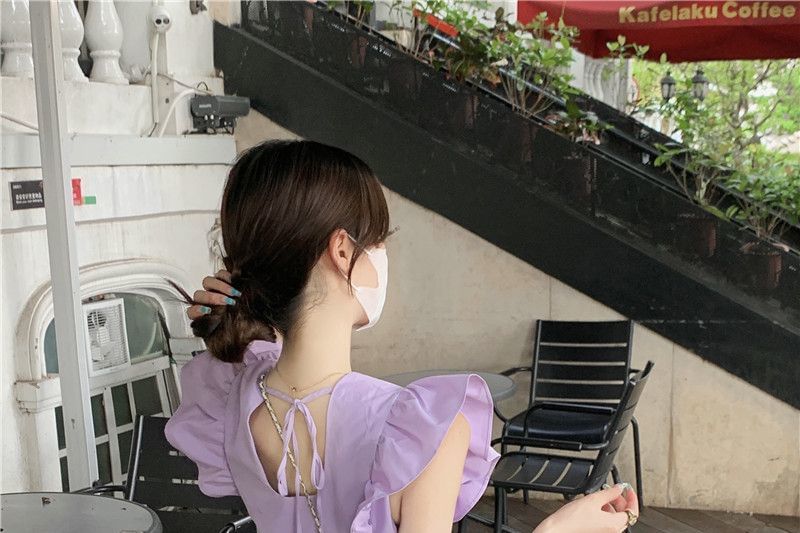 Round Trim Ruffle Plain A-Line Neck Midi Dress Tiered Cap-Sleeve