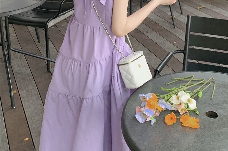 Round Trim Ruffle Plain A-Line Neck Midi Dress Tiered Cap-Sleeve