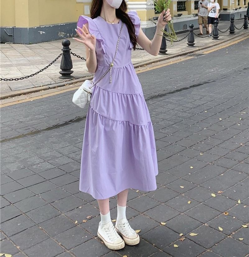 Round Trim Ruffle Plain A-Line Neck Midi Dress Tiered Cap-Sleeve