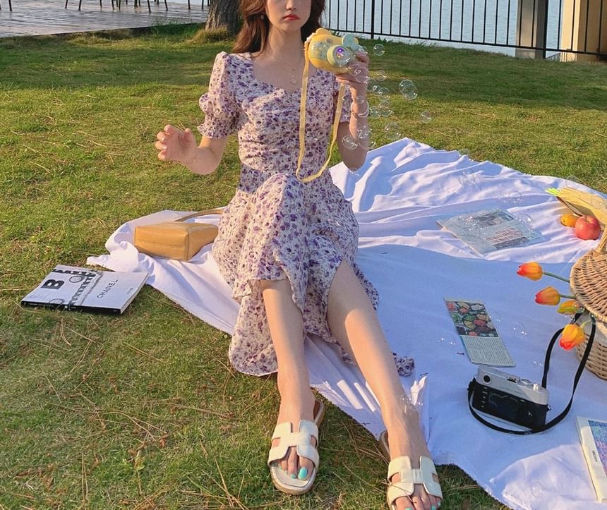 Slit A-Line Midi Puff-Sleeve Dress Floral