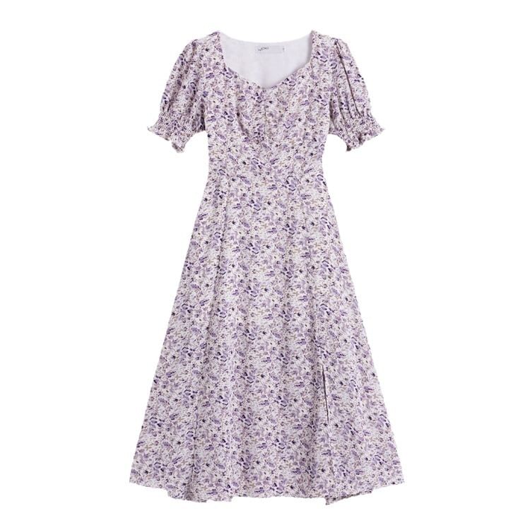 Slit A-Line Midi Puff-Sleeve Dress Floral