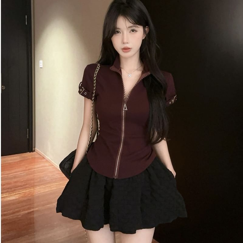 Mock Neck Rhinestone Fitted Tee & Mini Flared Skirt
